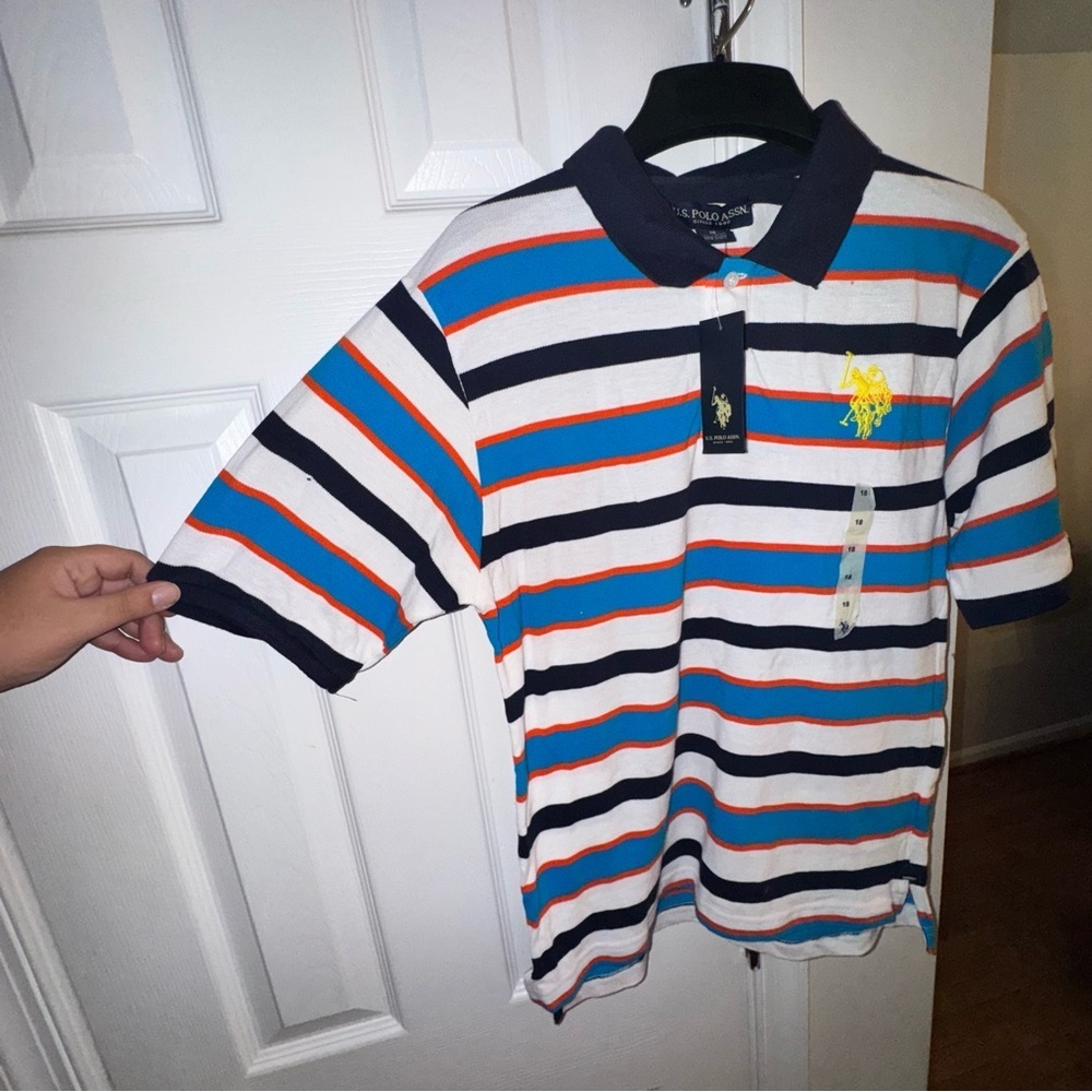 U.S. Polo Assn. Boy's XL 18/20 NWT Striped Polo Shirt Orange Blue White Logo - Picture 9 of 9